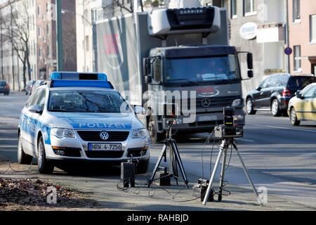 Laser measuring device being used by the police, speed trap marathon of the police in North Rhine-Westphalia, 24 hours of Stock Photo