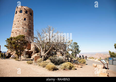 Desert View Watchtower, also known as the Indian Watchtower at Desert View, is a 70-foot-high stone building located on the South Rim of the Grand Can Stock Photo