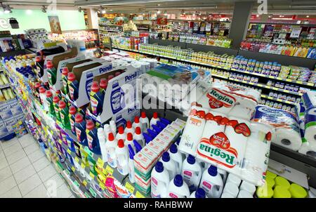 Detergents, shelf, self-service, food department, supermarket Stock Photo