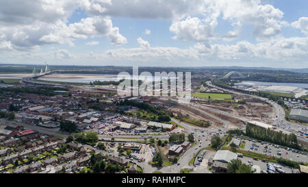 The Mersey Gateway Bridge construction, 2014-2017. Various stages of the construction of the bridge between Widnes & Runcorn (Halton) on River Mersey Stock Photo