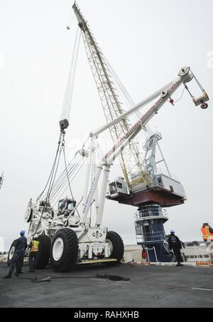 A carrier air crash crane (CVCC), nicknamed Tilly, is positioned on the ...