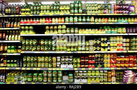 Shelves with pickled vegetables, pickles, self-service, food department, supermarket Stock Photo