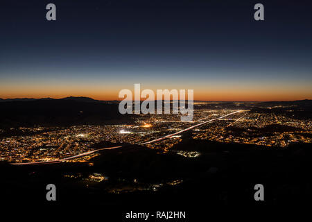 Dusk hilltop view of suburban Simi Valley from Rocky Peak Park near Los Angeles in Ventura County, California. Stock Photo