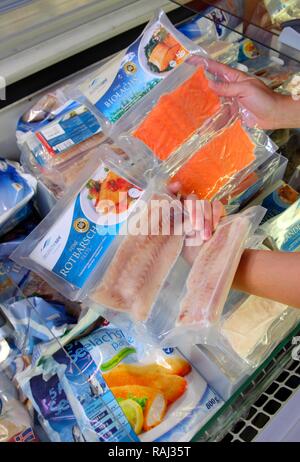 Frozen fish fillets, organic redfish and organic salmon, food hall, supermarket