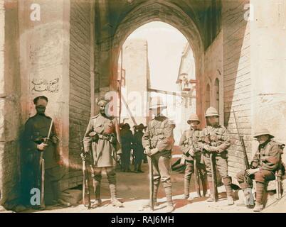 Indian and British guards, St. Stephen's Gate, Jerusalem. 1920, Israel. Reimagined by Gibon. Classic art with a reimagined Stock Photo