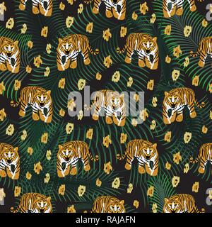 Tiger and palm leaves jungle dark pattern fashion spotted wild vector design. Stock Vector
