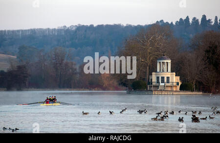 Rowers on the River Thames near Henley as temperatures across parts of Britain dropped below freezing overnight. Stock Photo