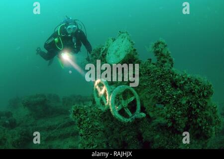 Diver, wreck diving, wreck 'Lieutenant Zatsarennyj', Zmiinyi Island, Black Sea, Ukraine, Eastern Europe Stock Photo