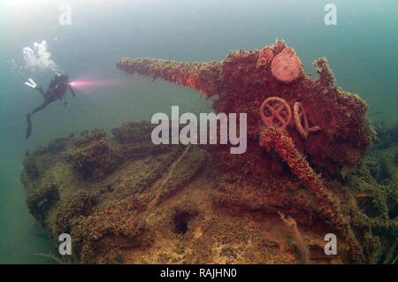 Diver, wreck diving, wreck 'Lieutenant Zatsarennyj', Black sea, Ukraine, Eastern Europe Stock Photo