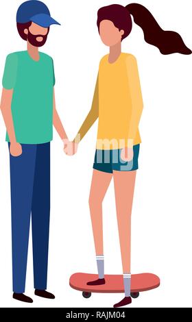 young couple with skateboard avatar character Stock Vector