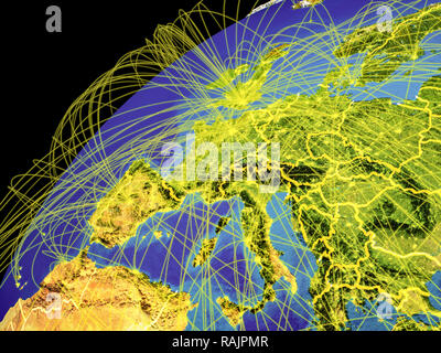 Western Europe from space on Earth with lines representing international connections, communication, travel. 3D illustration. Elements of this image f Stock Photo