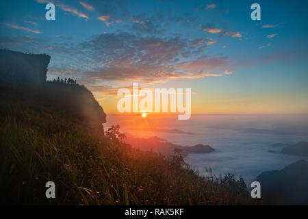 Morning light and sun shines on top of hills. Stock Photo