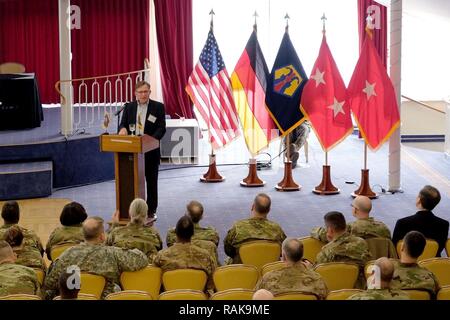 Retired Maj. Gen. Paul Patrick, a former commander of the 7th Army Reserve Command from 1998-2002, speaks during the 7th Mission Support Command Panel Forum Feb. 10 at the Armstrong Club. This year, the U.S. Army Reserve in Europe celebrates more than 60 years of operations by looking at the past, present and future. Discussion topics included USAR participation in past operations from post-WWII era all the way up to the ongoing operation Atlantic Resolve in the Baltic States. Brig. Gen. Steven Ainsworth, the 7th MSC commanding general, hosted the event. Stock Photo