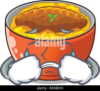 Crying hot katsudon on the cartoon table Stock Vector