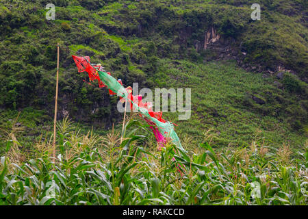 Colorful flag blowing in the wind in the middle of a corn field, Ha Giang Loop, Ha Giang Province, Vietnam, Asia Stock Photo