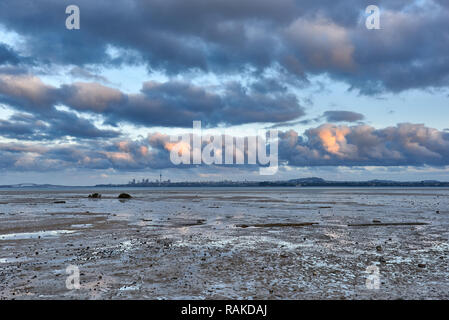 View across the bay from Te Atatu peninsula towards Auckland city on a cloudy day at low tide Stock Photo