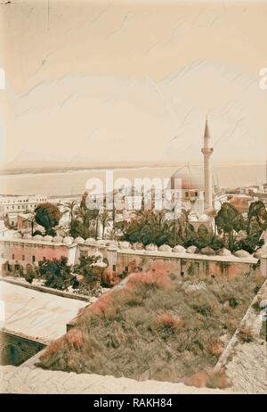 Along the sea coast Mosque of Jezzar Pasha 1900, Middle East, Israel and/or Palestine. Reimagined by Gibon. Classic reimagined Stock Photo