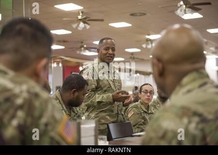 Lt. Gen. Robert S. Ferrell, Army Chief Information Officer/G6 speaks to soldiers at the Dining Facility during his visit to Lucius D. Clay Kaserne in Wiesbaden, Germany, Feb. 21, 2017. Stock Photo