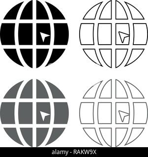 World with arrow world click concept website icon set grey black color vector I outline flat style simple image Stock Vector