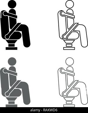 Man on car seat using car belt for safety Human with safety belt Stick car concept icon set grey black color vector I outline flat style si Stock Vector