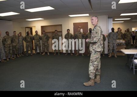 Torii Station, Okinawa (Feb 12, 2017) – Maj. Gen. James Pasquarette talks to Soldiers and Airmen that participated in US Army Japans best warrior competition. The top competitors of this competition will continue on to compete in a pacific-wide competition in Hawaii. Stock Photo