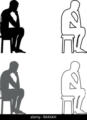 Thinking man sitting on a stool silhouette icon set grey black color vector I outline flat style simple image Stock Vector