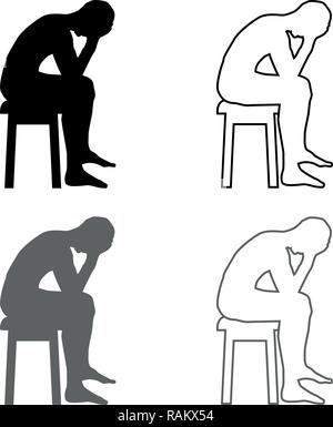 Man holding his head concept problem silhouette Sitting no seat icon set grey black color vector I outline flat style simple image Stock Vector