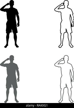 Man pointing at the temple with a finger silhouette front view Need thinking concept icon set grey black color vector I outline flat style Stock Vector