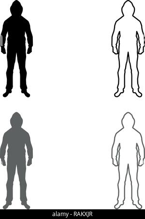 Man in the hood concept danger silhouette front side icon set grey black color vector I outline flat style simple image Stock Vector