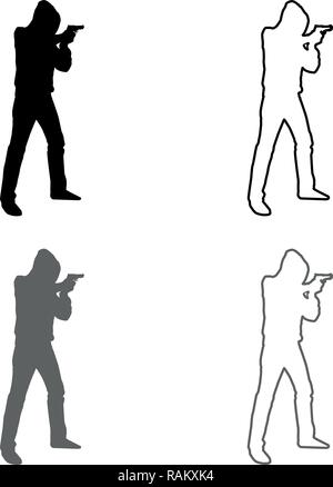 Man in the hood with gun Concept danger short arm icon set grey black color vector I outline flat style simple image Stock Vector