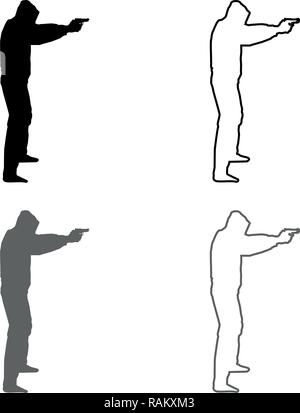 Man in the hood with gun Concept danger outstretched arms icon set grey black color vector I outline flat style simple image Stock Vector