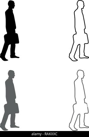 Businessman with briefcase step forward Man with a business bag in his hand silhouesse icon set grey black color vector I outline flat styl Stock Vector