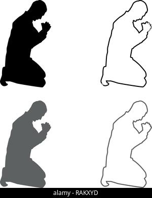 Man pray on his knees silhouette icon set grey black color vector I outline flat style simple image Stock Vector