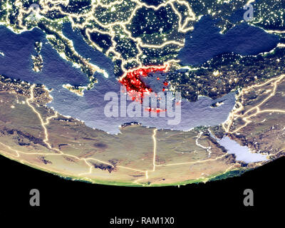 Satellite view of Greece from space at night. Beautifully detailed plastic planet surface with visible city lights. 3D illustration. Elements of this  Stock Photo