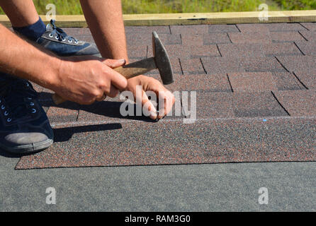 Roofer installing Asphalt Shingles on house Roofing Construction with hammer and nails. Roofing Construction. Roofing Contractor laying Asphalt Shingl Stock Photo