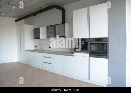 Modern kitchen with electric oven, metal faucet, ceramic kitchen sink, electic stove, coffee machine and  kitchen hood with pipe Stock Photo