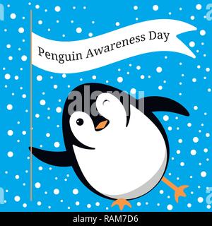 Penguin Awareness Day. Vector cartoon illustration. Penguin slides on the ice, winks, holds a flag with the name of the event Stock Vector
