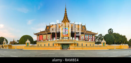 Royal palace complex in Phnom Penh, Cambodia. Tourist attraction and famous landmark. Panorama Stock Photo