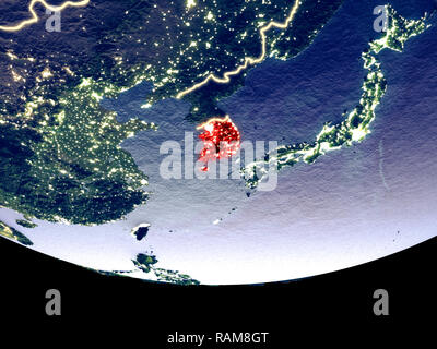 Satellite night view of South Korea highlighted in red on planet Earth ...