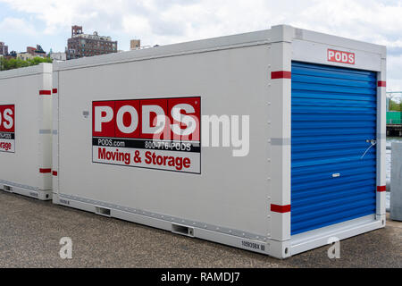 New York, USA - May 21, 2018: Portable On Demond Storage PODS container in New York City. It is a moving and storage company founded in 1998 in Florid Stock Photo