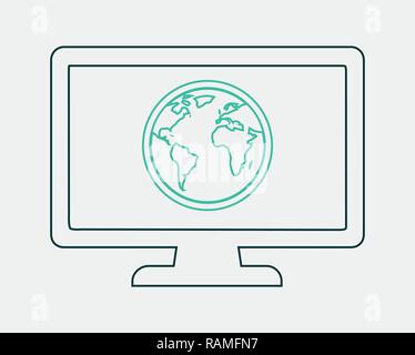 Global communication line icon with Globe and computer monitor symbol. Stock Vector
