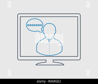 Online Chat line Icon . Male and bubble symbol on computer monitor. Stock Vector