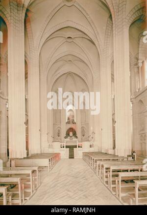 French church and orphanage of 'Jesus Adolescent' in Nazareth. Interior of basilica, the nave centre aisle. 1940 reimagined Stock Photo