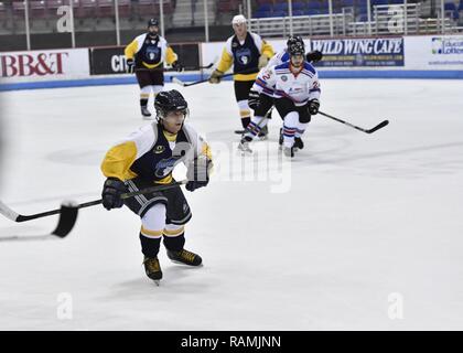 Members of the Charleston Patriots and the Charleston Enforcers play hockey during the 3rd Annual Matuskovic Charity Hockey Game at the North Charleston Coliseum & Performing Arts Center, Feb. 18, 2017. The game is played in memory of Joe Matuskovic, Charleston County Sherriff’s deputy, and other service members and first responders killed in the line of duty. Members of the Charleston Patriots are from Joint Base Charleston while members of the Charleston Enforcers are from the Charleston County Sheriff’s office and fire department.The Charleston Enforcers won the game with a final score of 1 Stock Photo