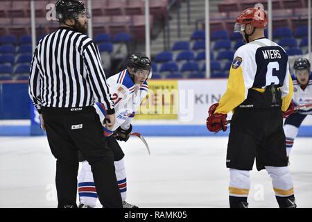 Members of the Charleston Patriots and the Charleston Enforcers play hockey during the 3rd Annual Matuskovic Charity Hockey Game at the North Charleston Coliseum & Performing Arts Center, Feb. 18, 2017. The game is played in memory of Joe Matuskovic, Charleston County Sherriff’s deputy, and other service members and first responders killed in the line of duty. Members of the Charleston Patriots are from Joint Base Charleston while members of the Charleston Enforcers are from the Charleston County Sheriff’s office and fire department.The Charleston Enforcers won the game with a final score of 1 Stock Photo