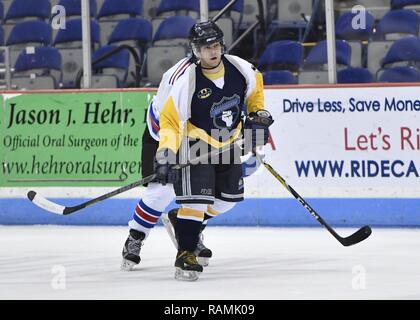 Members of the Charleston Patriots and the Charleston Enforcers play hockey during the 3rd Annual Matuskovic Charity Hockey Game at the North Charleston Coliseum & Performing Arts Center, Feb. 18, 2017. The game is played in memory of Joe Matuskovic, Charleston County Sherriff’s deputy, and other service members and first responders killed in the line of duty. Members of the Charleston Patriots are from Joint Base Charleston while members of the Charleston Enforcers are from the Charleston County Sheriff’s office and fire department.The Charleston Enforcers won the game with a final score of 1 Stock Photo