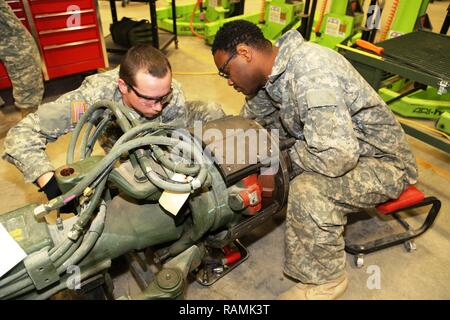 Spc. Christopher Norwood with the 275th Quartermaster Company at Fort Pickett, Va., and Sgt. Marquett Evans with the 422nd Civil Affairs Battalion at Greensboro, N.C., both students at Regional Training Site-Maintenance in the Wheeled Vehicle Mechanics Course, work on a project Feb. 10, 2017, at Fort McCoy. During the course, students learn to complete all basic concepts required to be certified as an Army wheeled-vehicle mechanic. This includes performing field-level maintenance on automotive wheeled vehicles and conducting wheeled-vehicle operations; receiving an introduction to troubleshoot Stock Photo