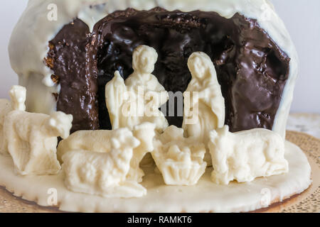 chocolate nativity scene. Traditional panettone with the white ...