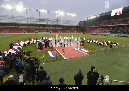 Last farewell ceremony with legendary Slovak football forward Jozef Adamec was held on January 4, 2019, in Trnava, Slovakia. Adamec, a silver medallist from the World Cup in Chile in 1962, died at the age of 76 years on December 24, 2018. After he ended his career of a professional player, Adamec was a successful football coach. In the Czechoslovak League, he played 383 matches and with 170 goals, he is the 10th in the Czechoslovak all-time top-scorers standings. He played 44 times in the Czechoslovak national football team, scoring 14 goals. He participated in the 1962 FIFA World Cup and the 