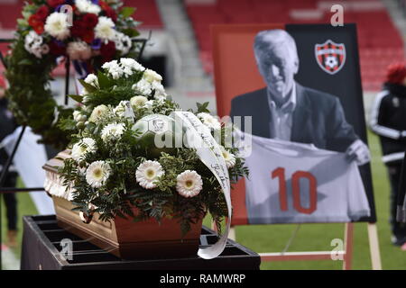 Last farewell ceremony with legendary Slovak football forward Jozef Adamec was held on January 4, 2019, in Trnava, Slovakia. Adamec, a silver medallist from the World Cup in Chile in 1962, died at the age of 76 years on December 24, 2018. After he ended his career of a professional player, Adamec was a successful football coach. In the Czechoslovak League, he played 383 matches and with 170 goals, he is the 10th in the Czechoslovak all-time top-scorers standings. He played 44 times in the Czechoslovak national football team, scoring 14 goals. He participated in the 1962 FIFA World Cup and the 
